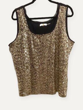 Calvin Klein Gold Sequin Tank Top Black Back Scoop Neck Holiday Party Plus 2X
